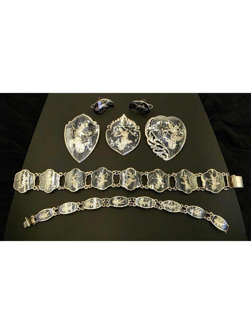 Vintage Siam Sterling Silver Niello Set 7pc 60g Thai Dancers Bracelets Pins